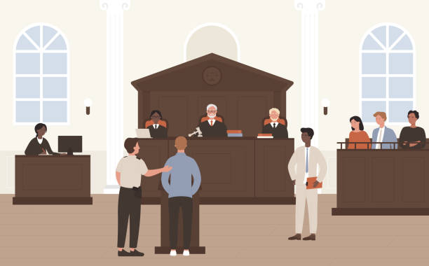 People in Court vector illustration, cartoon flat advocate barrister and accused character standing in front of judge and jury on legal defence process People in Court vector illustration. Cartoon flat advocate barrister and accused character standing in front of judge and jury on legal defence process or court tribunal, courtroom interior background lawyer cartoon stock illustrations