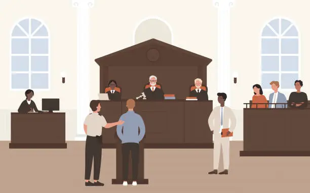 Vector illustration of People in Court vector illustration, cartoon flat advocate barrister and accused character standing in front of judge and jury on legal defence process