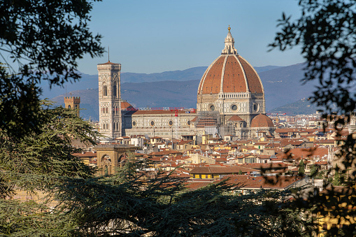 Amazing scene of the Cathedral of Santa Maria del Fiore in Florence. Sunny day for sightseeing in the famous city of Italy