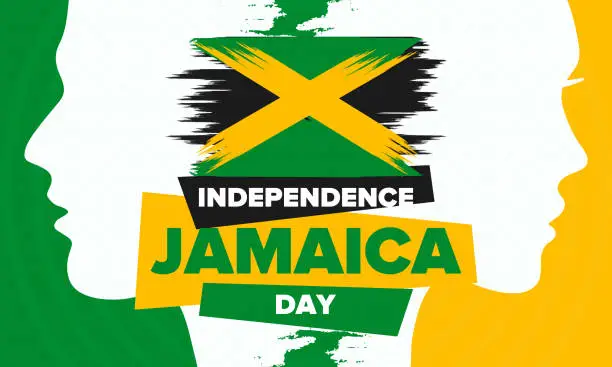 Vector illustration of Jamaica Independence Day. Independence of Jamaica. Holiday, celebrated annual in August 6. Jamaica flag. Patriotic element. Poster, greeting card, banner and background. Vector illustration