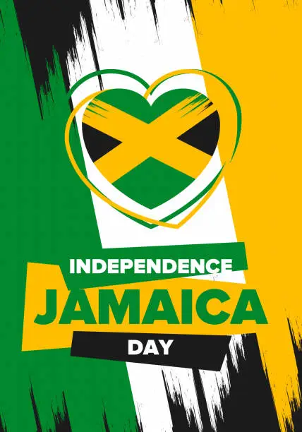 Vector illustration of Jamaica Independence Day. Independence of Jamaica. Holiday, celebrated annual in August 6. Jamaica flag. Patriotic element. Poster, greeting card, banner and background. Vector illustration