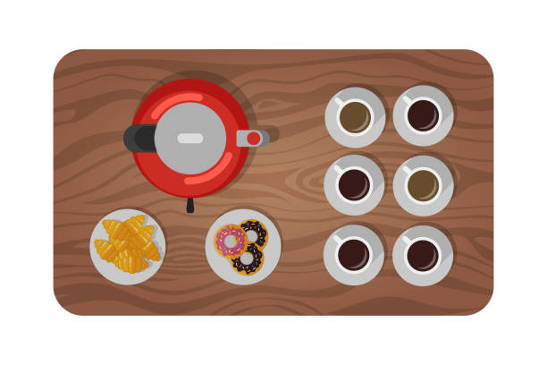 illustrazioni stock, clip art, cartoni animati e icone di tendenza di tavolo in legno per tè, pausa caffè. vista dall'alto - tavolino