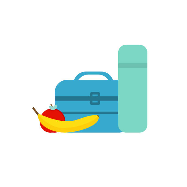 mittagspause oder mittagspause vektor-illustration. lunchbox, banane und ein apfel im flachen stil. kinder-mittagessen-schule auf weißem hintergrund. - lunch box packed lunch apple symbol stock-grafiken, -clipart, -cartoons und -symbole