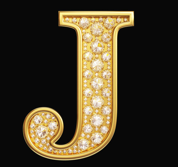 letra dourada "j" com diamantes no fundo preto. caminho de recorte incluído. - letter j fotos - fotografias e filmes do acervo