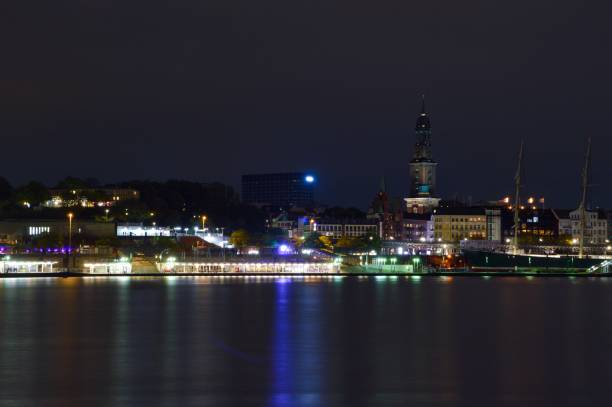 istock Hamburg port - Landing bridges - during night 1256173119
