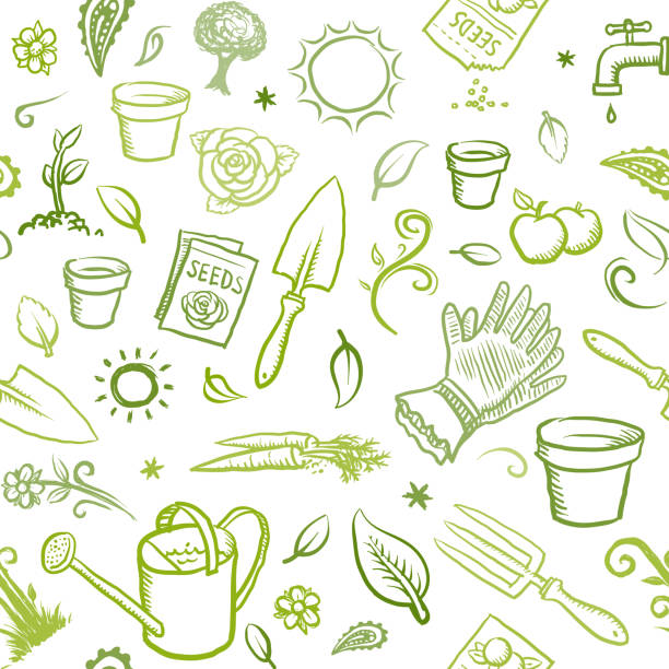 Organic gardening icons Hand drawn organic gardening vector illustrations farming tools drawings stock illustrations