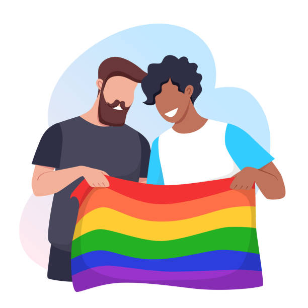 illustrations, cliparts, dessins animés et icônes de les jeunes hommes tiennent un drapeau de fierté lgbt arc-en-ciel. concept des droits des minorités sexuelles. illustration vectorielle. - bi sexual