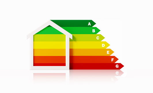 Energy efficient house symbol sitting over white background. Horizontal composition with selective focus and copy space. Energy efficiency concept.