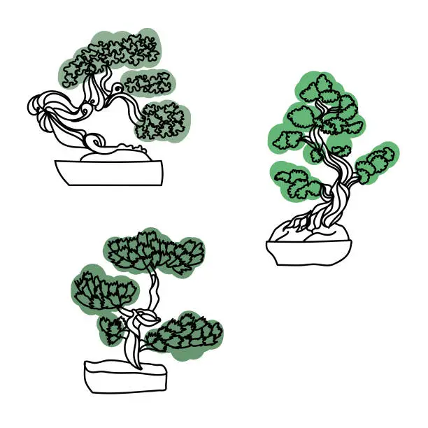 Vector illustration of Set of outline bonsai trees with green leaves, vector hand draw illustration for