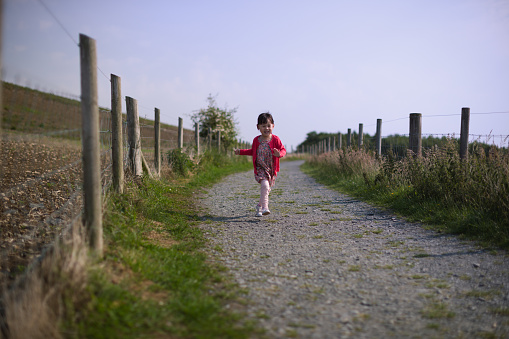 toddler girl running on the  summer countryside road