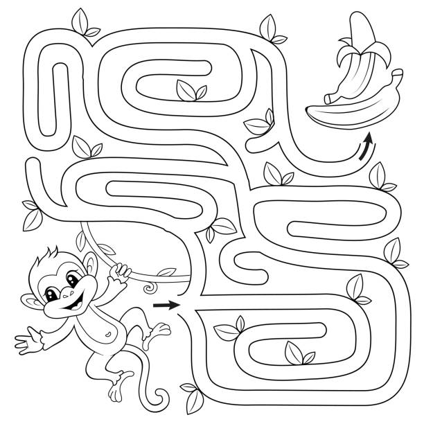 hilf affen, den weg zur banane zu finden. labyrinth. labyrinth-spiel für kinder. schwarz-weiß-vektor-illustration für malbuch - kleinaffe stock-grafiken, -clipart, -cartoons und -symbole