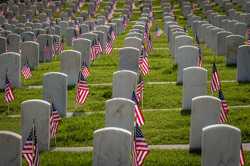 Military grave markers decorated with American flags for Memorial Day