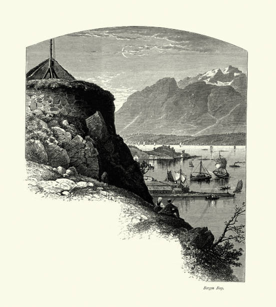 istock Boats and mountain at Bergen Bay, Norway, 19th Century 1256177304