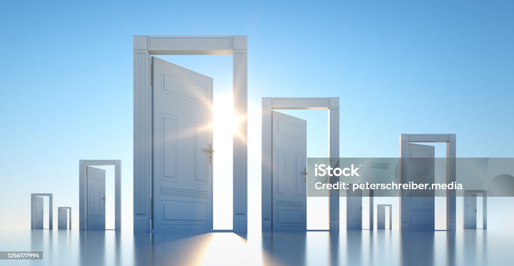 Open Door Group of open doors with blue sky and sun Door Stock Photo