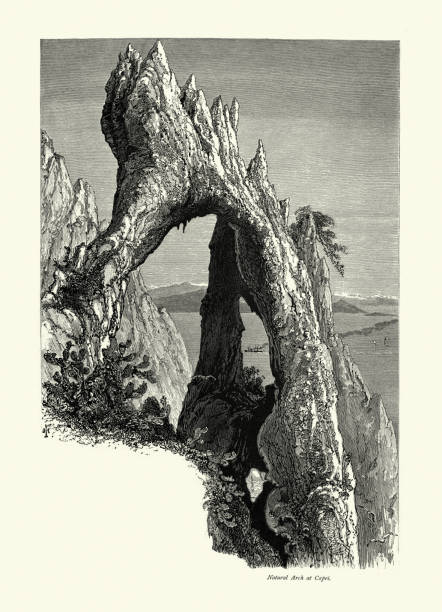 Vintage illustration of Natural Arch at Capri, Italy, 19th Century. The Arco Naturale is a natural arch on the east coast of the island of Capri. Dating from the Paleolithic age, it is the remains of a collapsed grotto.