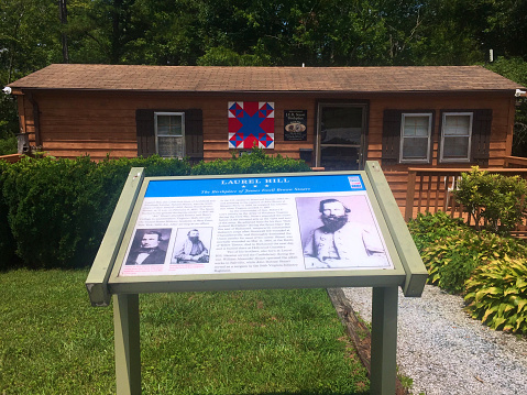Ararat, Virginia / USA - July 5, 2020: Historic marker sign at “Laurel Hill”, the birthplace and boyhood home of Civil War Major General James Ewell Brown (JEB) Stuart in Patrick County, southwest Virginia.