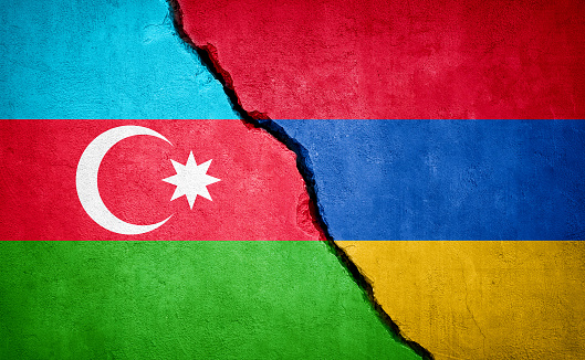 Azerbaijan and Armenia conflict. Country flags on broken wall. Illustration.
