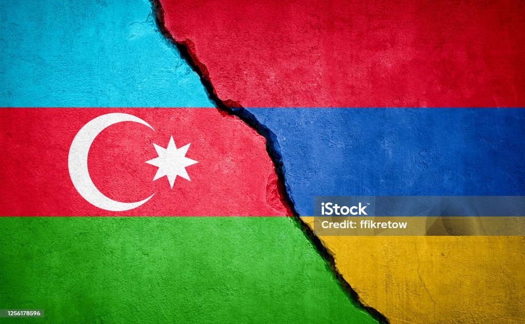 Azerbaijan and Armenia conflict Azerbaijan and Armenia conflict. Country flags on broken wall. Illustration. Azerbaijan Stock Photo