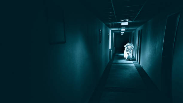 istock Terrible corridor in hotel, horror dark hallway 1256179972