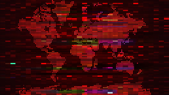 Map of the world on red digital screen with pixels and glitch effect
