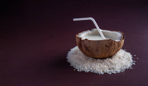 istock Tropical fruit and drinks of vegetable protein for vegan menu. 1256182530