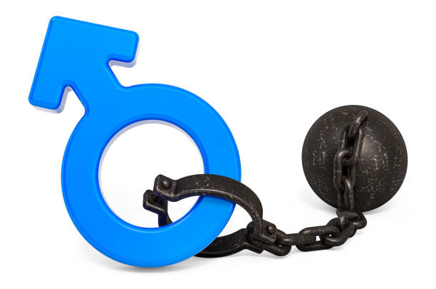 istock Male gender symbol with prison shackle, 3D rendering isolated on white background 1256182930