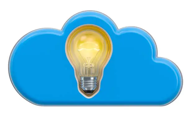 Photo of Computing Cloud with lightbulb inside, 3D rendering isolated on white background