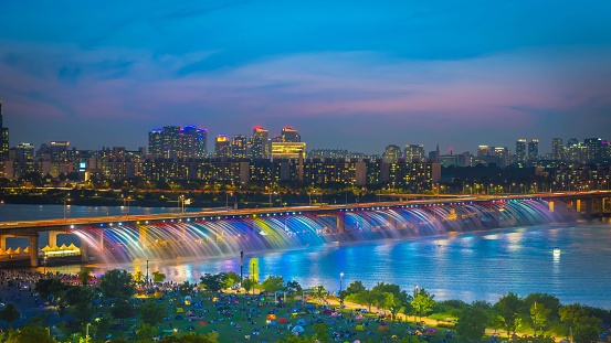 Seoulcity South Korea. Han River and Rainbow founta at banpo bridge Seoul, South Korea.