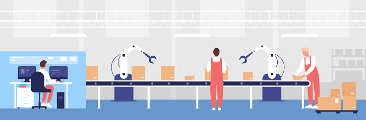 Warehouse loading conveyor vector illustration. Cartoon flat worker people work, load line boxes with robotic arm equipment help, storage operator character controlling warehousing process background