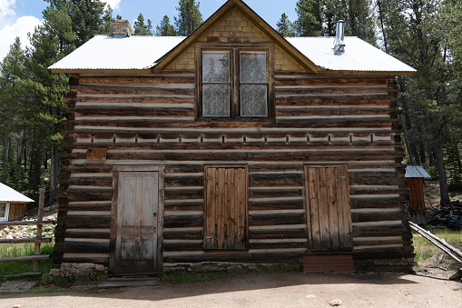 Banff, Alberta, Canada - October 8, 2023: Skoki Ski Lodge Wood Log Cabin Exterior, National Historic Site of Canada