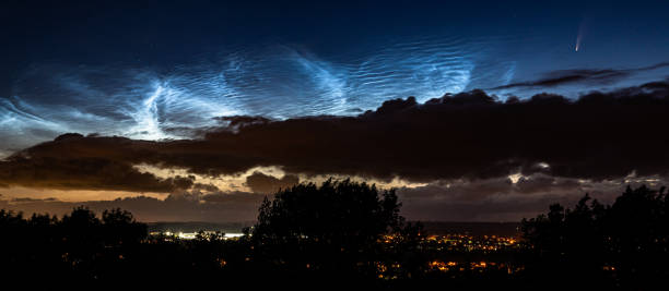 Comet Neowise & Noctilucent clouds Panorama stock photo