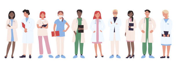 Doctor people vector illustration, cartoon man woman medical group of doctor characters, professional hospital worker team isolated on white Doctor people vector illustration. Cartoon man woman medical group of doctor characters, hospital worker team with nurse, physician, surgeon. Professional medicine staff occupation isolated on white pharmacist cartoon stock illustrations