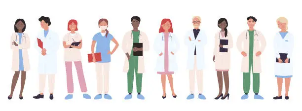 Vector illustration of Doctor people vector illustration, cartoon man woman medical group of doctor characters, professional hospital worker team isolated on white