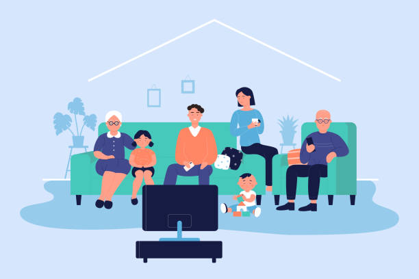 ilustrações de stock, clip art, desenhos animados e ícones de happy big family at home vector illustration, cartoon flat adult characters and children sitting on sofa together and watching tv background - apartment television family couple