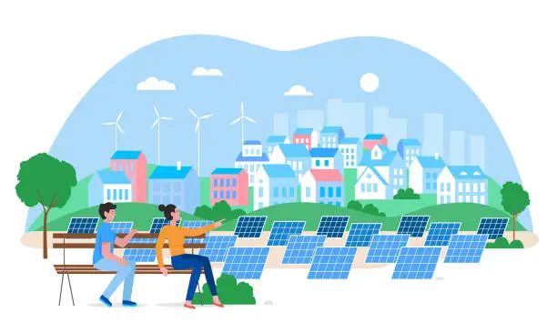 Vector illustration of Alternative city green energy concept flat vector illustration, cartoon eco friendly houses, windmills, solar panels isolated on white