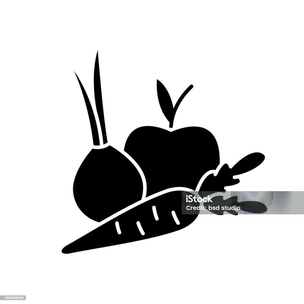Fruits and vegetables black glyph icon Fruits and vegetables black glyph icon. Fresh organic food. Health vegetarian recipe ingredients. Premium quality farm food. Silhouette symbol on white space. Vector isolated illustration Icon stock vector