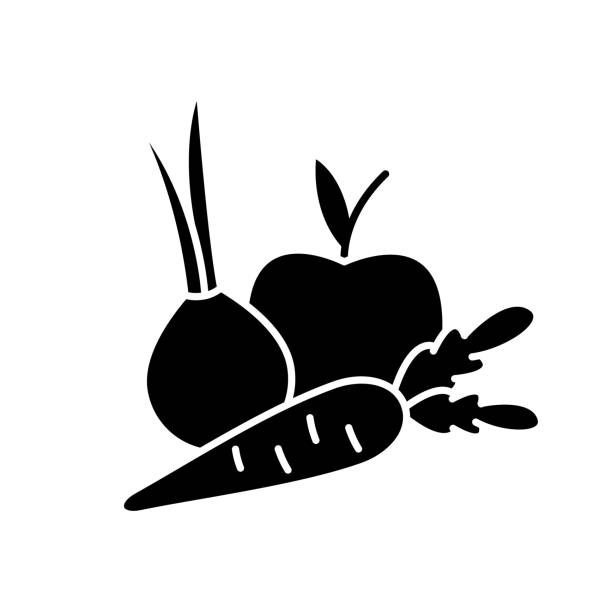 Fruits and vegetables black glyph icon Fruits and vegetables black glyph icon. Fresh organic food. Health vegetarian recipe ingredients. Premium quality farm food. Silhouette symbol on white space. Vector isolated illustration nutrients icon stock illustrations
