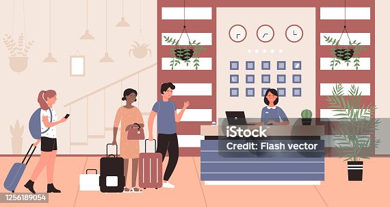 istock People in hotel reception vector illustration, cartoon flat happy tourist characters talking with hotelier receptionist at reception desk 1256189054