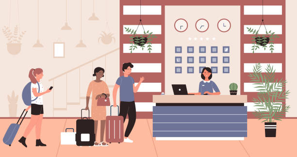 People in hotel reception vector illustration, cartoon flat happy tourist characters talking with hotelier receptionist at reception desk People in hotel reception vector illustration. Cartoon flat happy tourist characters talking with hotelier receptionist at reception desk in hotel hall lobby room interior, check in process background hotel stock illustrations