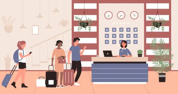 Vector illustration of People in hotel reception vector illustration, cartoon flat happy tourist characters talking with hotelier receptionist at reception desk