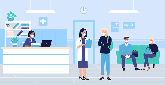 People wait in hospital hall interior vector illustration. Cartoon flat patient woman man characters in masks sitting in doctor reception room, waiting for doctoral exam. Medical healthcare background