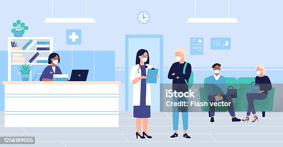 istock People wait in hospital hall interior vector illustration, cartoon flat patient woman man characters in masks sitting in doctor reception room 1256189055