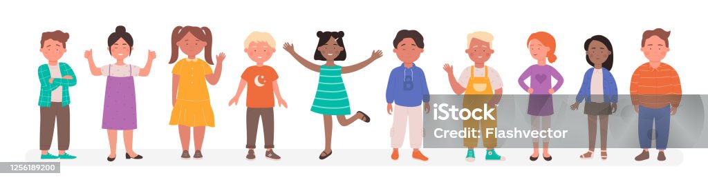 Happy Diverse Kids Vector Illustration Cartoon Flat Child Characters Group  Of Different Race Smiling School Small Boy And Girl Standing Together In  Line Stock Illustration - Download Image Now - iStock