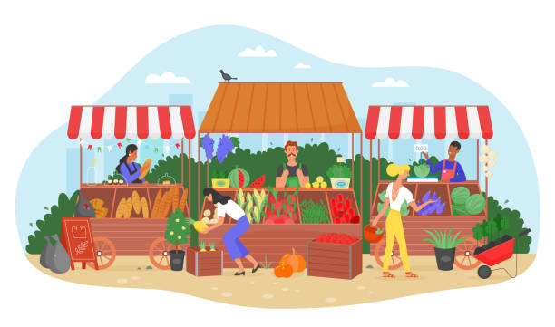 ilustraciones, imágenes clip art, dibujos animados e iconos de stock de ilustración vectorial del mercado de la granja de alimentos orgánicos, personaje de vendedor de granjeros planos de dibujos animados que venden frutas y verduras de cosecha fresca en el puesto del mercado de la calle - bazaar