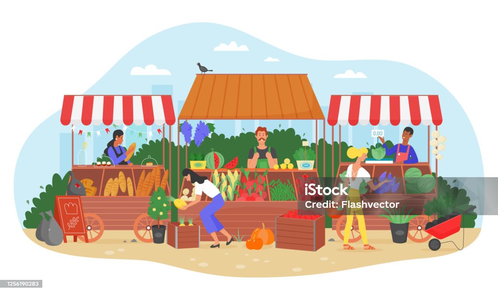 Organic Food Farm Market Vector Illustration Cartoon Flat Farmer Seller  Character Selling Fresh Harvest Fruit And Vegetable At Street Marketplace  Stall Stock Illustration - Download Image Now - iStock