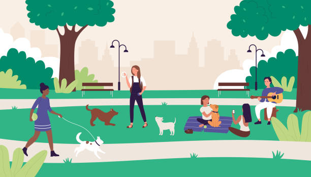 People in summer outdoor city park vector illustration, cartoon happy flat woman man friends have fun on picnic, walking or playing with pet dog People in summer outdoor city park vector illustration. Cartoon happy flat woman man friends have fun on picnic, active character walking or playing with pet dog, summertime leisure weekend background landscape nature plant animal stock illustrations