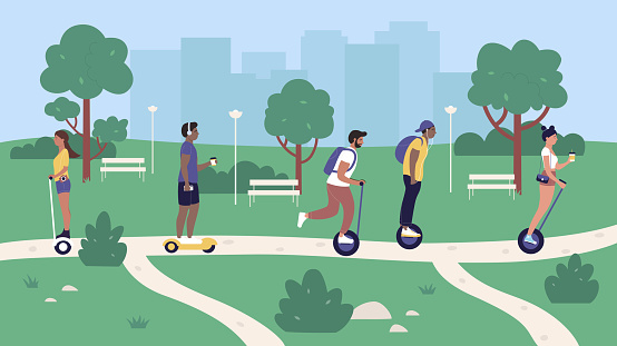 People Riding Eco Transport In City Park Vector Illustration Cartoon Flat  Woman Man Rider Hipster Characters Ride Modern Electric Segway Gyroscope Or  Hoverboard Stock Illustration - Download Image Now - iStock