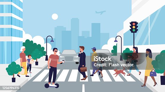 istock People crossing road vector illustration. Cartoon flat pedestrian character walking on zebra roadway crosswalk at traffic light background 1256194315