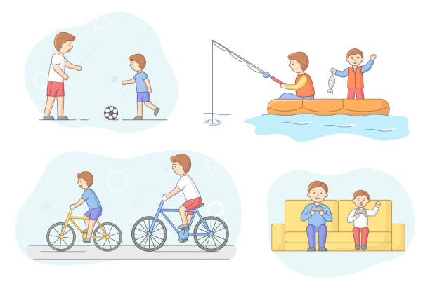 illustrations, cliparts, dessins animés et icônes de concept de paternité. père passe du temps avec son fils. les personnages jouent au football, pêche, faire du vélo dans le parc et jouer à des jeux vidéo avec console. dessin animé linéaire contour plat style. illustration vectorielle - nautical vessel fishing child image