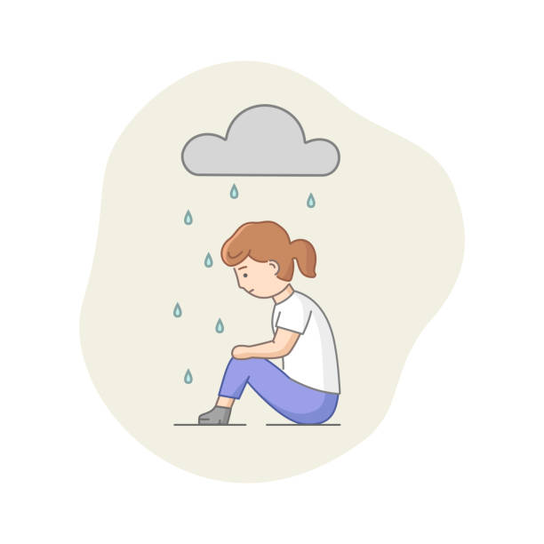 ilustrações, clipart, desenhos animados e ícones de conceito de depressão. personagem feminina que sofre de depressão. mulher triste sentada sob a chuva. tempo nublado, ocultação de emoções e burnout. ilustração de vetor plano de contorno linear de desenho animado - teenager dark pensive emotional stress